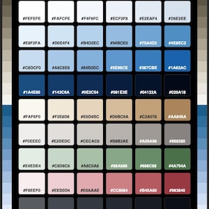 May include: A colour palette chart titled NORDIC & SCANDINAVIAN HEX COLORS featuring a grid of 48 squares. Each square contains a unique hex code in white text, organised into rows of blue, beige, grey, green, pink, and dark charcoal shades.