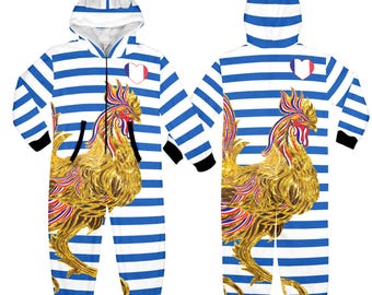 Kids France Breton Stripe Jumpsuit | Coq Gaulois Zip Suit | French rooster Outfit | France Fan Gift | French Flag Heart Cozy Sleepwear