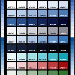 May include: A colour palette chart titled WINTER HEX COLORS featuring a grid of 42 squares. Each square displays a unique colour and its corresponding six-character hexadecimal code. The colours range from light whites and blues to deep navy, grey, teal, pink, red, and green tones.