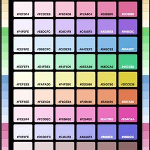 Può includere: Una tavolozza di colori intitolata PASTELS HEX COLORS che presenta una griglia di quarantotto campioni rettangolari disposti in otto righe e sei colonne. Ogni campione mostra una tonalità pastello unica con il relativo codice esadecimale.