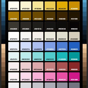 May include: A colour palette chart titled RETRO & 20s HEX COLORS, featuring a grid of forty-two square swatches arranged in seven rows and six columns. Each square displays a unique colour with its corresponding six-digit hexadecimal code.