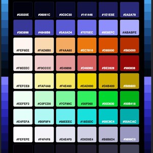 May include: A color palette chart titled SPACE ADVENTURE HEX COLORS, featuring a grid of 48 distinct rectangular color swatches arranged in eight rows and six columns, each labeled with its corresponding six-character hexadecimal code.