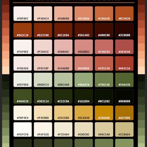 Peut inclure: Un nuancier intitulé ITALIAN VILLA HEX COLORS, présentant une grille de quarante-huit échantillons carrés disposés en huit rangées et six colonnes. Chaque carré affiche un code couleur unique, allant des crèmes clairs aux tons terreux.