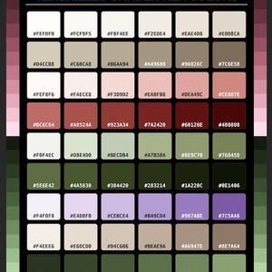 Può includere: Una tavolozza di colori intitolata VERSAILLES GARDEN HEX COLORS, che presenta una griglia di 48 campioni di colore quadrati distinti. Ogni quadrato contiene un codice esadecimale unico, che spazia dai crema e rosa chiari ai verdi, rossi e viola profondi.