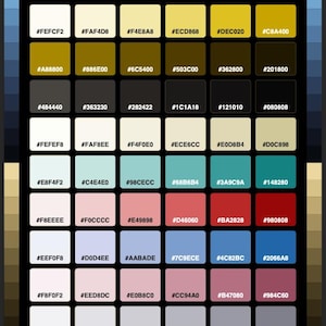 May include: A colour palette chart titled RETRO & 30s HEX COLORS, featuring a grid of 48 square colour swatches arranged in eight rows and six columns. Each square contains a unique colour and its corresponding six-character hexadecimal code.