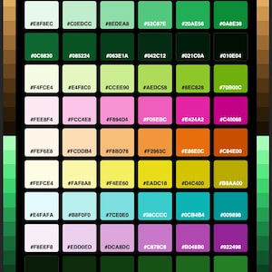 Peut inclure: Un nuancier intitulé TROPICAL & BOTANICAL HEX COLORS, présentant une grille de 48 échantillons rectangulaires. Chaque échantillon affiche une couleur unique et son code hexadécimal correspondant, organisés en rangées de verts, roses, oranges et violets.