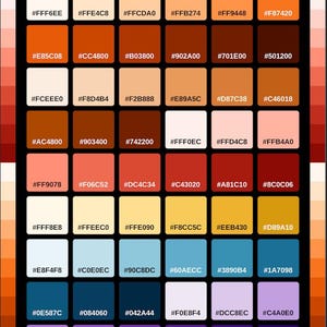 Puede incluir: Una tabla de paleta de colores titulada SUNSET TIDE HEX COLORS, que presenta una cuadrícula de 48 muestras de color cuadradas. Cada cuadrado muestra un color único y su código hexadecimal de seis caracteres, desde cremas claros hasta morados intensos.