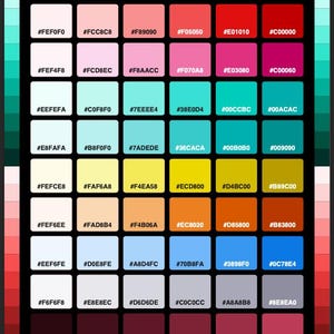 May include: A colour palette chart titled RETRO & 50s HEX COLORS, featuring a grid of 42 distinct colour squares arranged in seven rows and six columns. Each square contains its corresponding hexadecimal code in white or black text.
