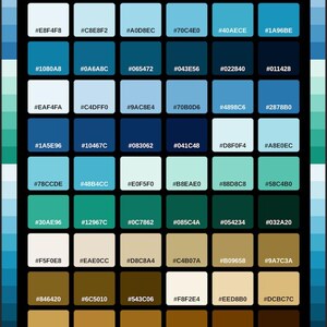 Könnte beinhalten: Eine Farbpalette mit dem Titel OCEAN DEPTHS HEX COLORS, die ein Raster aus achtundvierzig quadratischen Farbfeldern zeigt. Jedes Feld zeigt einen einzigartigen Blau-, Türkis- oder Braunton mit dem zugehörigen sechsstelligen Hex-Code in Schwarz.