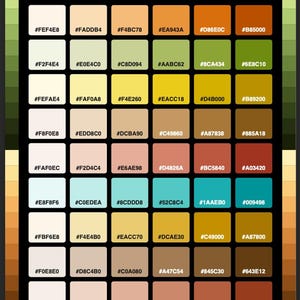Può includere: Una tavolozza di colori intitolata RETRO & 70s HEX COLORS, che presenta una griglia di quarantotto campioni quadrati disposti in otto righe e sei colonne. Ogni quadrato mostra un colore unico e il relativo codice esadecimale.