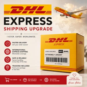 Peut inclure: Une boîte en carton jaune DHL Express avec une étiquette code-barres portant la mention EXTREMELY URGENT. Le visuel présente le logo DHL, un avion cargo et du texte détaillant la livraison rapide, l'expédition internationale et le suivi.