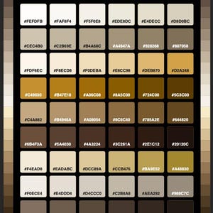 May include: A colour palette chart titled QUIET LUXURY HEX COLORS featuring a grid of forty-eight square swatches. Each square displays a unique neutral, beige, brown, or tan shade with its corresponding six-character alphanumeric hex code printed.