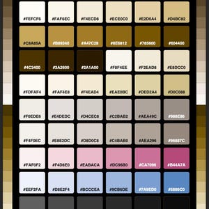 Può includere: Una tabella di tavolozza colori intitolata PARISIAN CREAM & GOLD HEX COLORS, che presenta una griglia di quarantotto quadrati. Ogni quadrato mostra una tonalità di colore unica con il relativo codice esadecimale, dai crema e oro chiari ai marroni e grigi scuri.