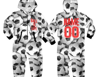 Kids Ball Is Life Soccer Jumpsuit | Custom Name Number Bear Ear Zip Suit | Funny Football Fan Gift | Soccer 2026 | Cozy Sleepwear