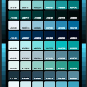 Puede incluir: Una tabla de paleta de colores titulada DEEP TEAL & PETROL BLUE HEX COLORS, que presenta una cuadrícula de 48 cuadrados. Cada cuadrado muestra un tono único de azul, verde azulado o gris, con su código hexadecimal de seis caracteres en blanco.