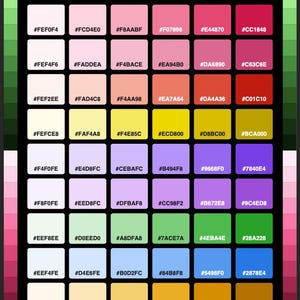May include: A colour palette chart titled Floral Garden Hex Colours, featuring a grid of forty-eight square swatches arranged in eight rows and six columns. Each square displays a unique colour code, ranging from light pastels to deep tones.