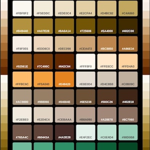 Könnte beinhalten: Eine Farbpalette mit dem Titel SANDY SHORE HEX COLORS, die ein Raster aus achtundvierzig quadratischen Farbfeldern zeigt. Jedes Quadrat zeigt einen einzigartigen Farbton von hellem Beige und Braun bis hin zu Dunkelbraun, Orange und Blaugrün.