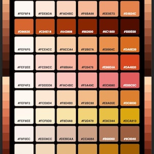 May include: A colour palette chart titled PEACH & APRICOT GLOW HEX COLORS featuring a grid of forty-eight square swatches. Each swatch displays a unique shade of peach, apricot, or orange with its corresponding six-character hex code printed inside.