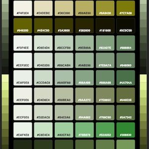 Könnte beinhalten: Eine Farbpalette mit dem Titel OLIVE & SAGE BOTANICAL HEX COLORS, die ein Raster aus 48 quadratischen Farbfeldern in verschiedenen Grün-, Oliven- und Salbeitönen zeigt. Jedes Quadrat enthält einen eindeutigen hexadezimalen Code.