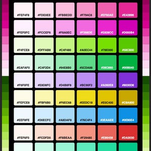 May include: A colour palette chart titled SPRING HEX COLORS featuring a grid of forty-eight squares, each containing a unique hexadecimal code. The grid is organised into eight rows and six columns, displaying a spectrum of pink, green, purple, yellow, and blue shades.