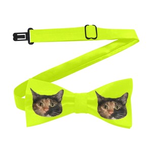 May include: A bright yellow bow tie with two cat faces printed on the bow. The adjustable neck strap has a black plastic clasp. The cat faces are a mix of brown, black, and tan.
