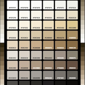 May include: A rectangular color chart titled NEUTRALS HEX COLORS featuring a grid of forty-two squares. Each square displays a unique neutral shade ranging from off-white to dark charcoal, with its corresponding six-character hex code printed inside.