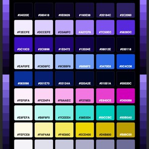 Peut inclure: Un nuancier intitulé GALAXY & COSMIC HEX COLORS présentant une grille de quarante-huit échantillons rectangulaires. Chaque échantillon affiche une couleur unique allant des violets et bleus foncés aux roses, turquoises, jaunes et gris vifs, avec son code hexadécimal à six caractères imprimé en noir ou en blanc.