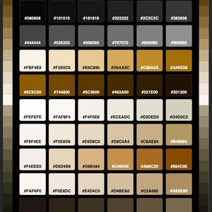 Può includere: Una tabella di colori intitolata BLACK & CAMEL LUXURY HEX COLORS, che presenta una griglia di 42 campioni rettangolari. Ogni campione mostra un codice esadecimale unico che spazia dai grigi scuri e neri a varie tonalità di cammello, beige e bianco sporco.