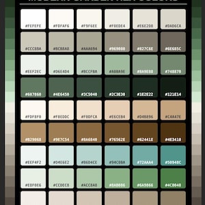 Puede incluir: Una tabla de paleta de colores titulada MODERN GARDEN HEX COLORS, con una cuadrícula de cuarenta y ocho muestras cuadradas dispuestas en ocho filas y seis columnas. Cada cuadrado muestra un tono único con su código hexadecimal.