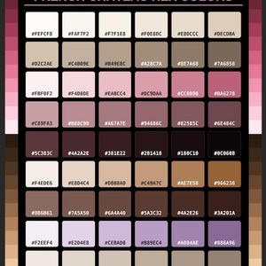 Può includere: Una tabella di tavolozza colori intitolata FRENCH CHÂTEAU HEX COLORS, che presenta una griglia di 48 campioni di colore quadrati distinti. Ogni quadrato contiene un codice esadecimale unico, che spazia dai crema chiari ai marroni, rosa e viola.
