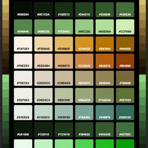 May include: A color palette chart titled SAFARI JUNGLE HEX COLORS, featuring a grid of forty-eight squares. Each square displays a unique shade of green, brown, or beige, with its corresponding six-character hexadecimal code printed in black text.