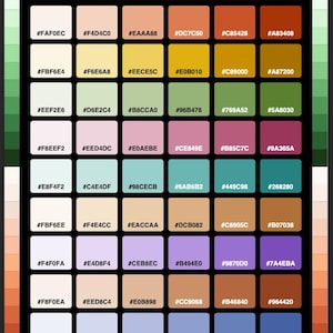 Puede incluir: Una tabla de paleta de colores rectangular titulada BOHO RAINBOW HEX COLORS, que presenta una cuadrícula de 48 cuadrados individuales. Cada cuadrado contiene un color único y su código hexadecimal de seis caracteres, organizado en filas y columnas.