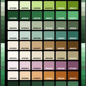 Könnte beinhalten: Eine rechteckige Farbpalette mit der Überschrift BOTANICALS HEX COLORS, die ein 8x6-Raster aus 48 verschiedenen quadratischen Farbfeldern zeigt. Jedes Feld enthält den entsprechenden hexadezimalen Farbcode in weißer oder schwarzer Schrift.