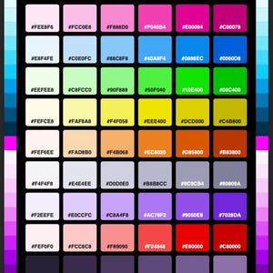 Può includere: Una tavolozza di colori intitolata RETRO & 2000s HEX COLORS, che presenta una griglia di 48 campioni di colore quadrati disposti in otto righe e sei colonne. Ogni campione contiene un codice esadecimale alfanumerico unico di sei caratteri.