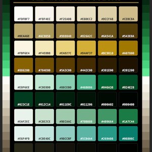 May include: A color palette chart titled OLD MONEY HEX COLORS featuring a grid of 48 squares. Each square displays a unique shade of beige, brown, or green, with its corresponding hexadecimal color code printed in black or white text inside.