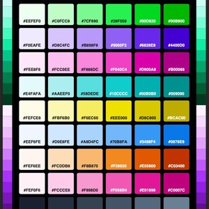 Könnte beinhalten: Eine Farbpalette mit dem Titel RETRO & 90s HEX COLORS, die ein Raster aus 48 quadratischen Farbfeldern zeigt. Jedes Quadrat zeigt eine einzigartige Farbe und den dazugehörigen sechsstelligen Hexadezimalcode in weißem Text, angeordnet in Zeilen und Spalten.