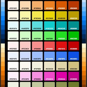 Può includere: Una tabella di tavolozza colori rettangolare intitolata RETRO & 60s HEX COLORS, che presenta una griglia di 48 campioni di colore quadrati distinti. Ogni campione contiene il relativo codice esadecimale in testo bianco o nero.