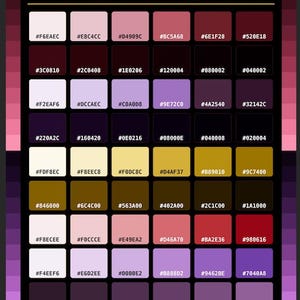 May include: A color palette chart titled BORDEAUX CHÂTEAU HEX COLORS, featuring a grid of 48 rectangular swatches. Each swatch displays a unique color code, ranging from light pinks and purples to deep reds, browns, and dark, near-black shades.
