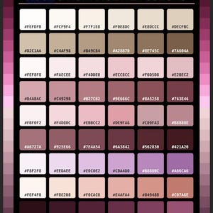 Può includere: Una tavolozza di colori intitolata ROSE & ROMANCE HEX COLORS che presenta una griglia di quarantotto campioni quadrati. Ogni quadrato mostra una tonalità unica di rosa, malva, beige o marrone, con il relativo codice esadecimale in nero.
