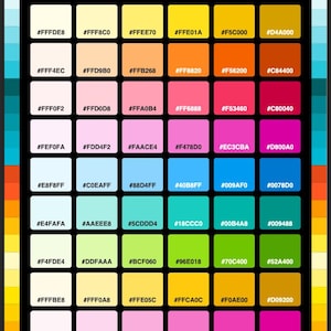 May include: A colour palette chart titled SUMMER HEX COLORS featuring a grid of forty-two squares, each containing a unique six-digit hexadecimal code. The grid is set against a black background and framed by a border of various coloured squares.