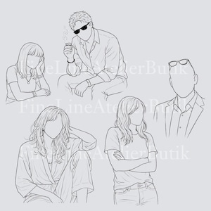 May include: Line art illustration featuring five figures in various poses. One figure is smoking a cigarette and wearing sunglasses. Other figures are in casual attire. The artwork is in black and white on a gray background.