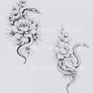 May include: Two detailed black and white illustrations of snakes entwined with peony flowers and foliage. The artwork has a delicate, fine-line style, with the text "Atelier Butik" and "FineLineAtelier" subtly visible.