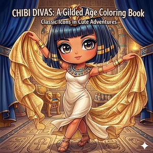 Puede incluir: Ilustración de un personaje de estilo chibi en un entorno egipcio. El personaje, con cabello oscuro y un vestido blanco, sostiene un chal dorado. La imagen es de un libro para colorear titulado "Chibi Divas: A Gilded Age Coloring Book".