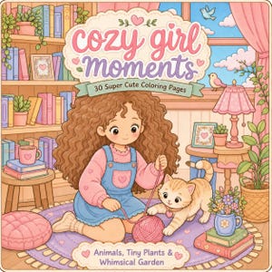 Pode incluir: Ilustração colorida de uma menina com cabelo castanho encaracolado, vestindo um suéter rosa e macacão azul, brincando com lã e um gato tigrado. A imagem é intitulada "Cozy Girl Moments" e inclui o texto "30 Super Cute Coloring Pages" e "Animals, Tiny Plants & Whimsical Garden".