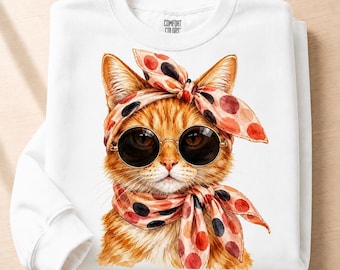 Watercolor Orange Tabby Cat with Sunglasses and Polka Dot Bow PNG, Cute Fashion Cat Sublimation Design, Transparent PNG