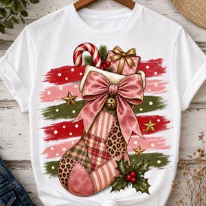Pink Patchwork Christmas Stocking Mug Sublimation PNG, Coquette Leopard Holiday Bow, Vintage Christmas Design
