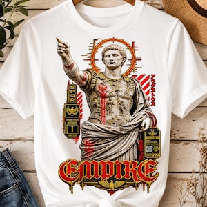 May include: A white t-shirt featuring a graphic print of the Augustus of Prima Porta statue. The design includes red and gold accents, the text "EMPIRE," "SPQR," "PRIMA PORTA IMPERATOR," "AUGUSTUS," and Japanese characters, with a red circular halo.