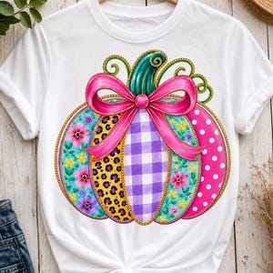 Pode incluir: Uma t-shirt branca de manga curta com um grande gráfico de abóbora colorida. A abóbora está dividida em segmentos com padrões florais, de leopardo, xadrez roxo e bolinhas cor-de-rosa, rematada com um laço cor-de-rosa brilhante.