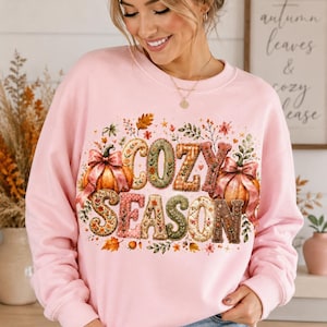 Cozy Season Pumpkin Patchwork Typography Sublimation PNG, Watercolor Fall Floral Design, Pink Bow Pumpkin Autumn Shirt Print