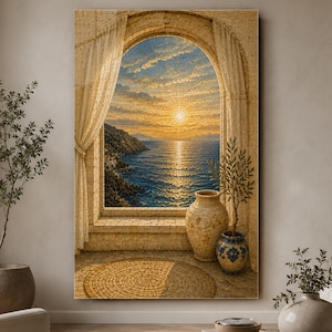 以下が含まれることがあります： 海に沈む夕日を望む石造りのアーチ窓を描いた縦型のウォールアートプリント。ドレープカーテン、質感のある大きなベージュの花瓶、青と白の模様が入った小さな花瓶、円形の織りマットが配置された風景が描かれています。